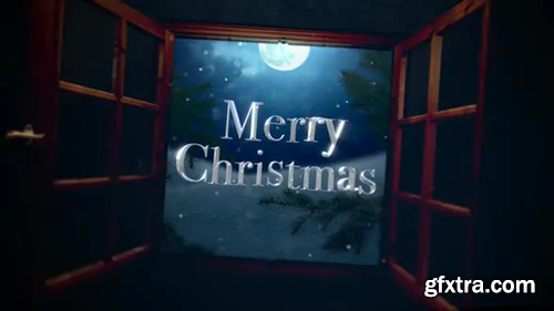 Videohive Animated closeup Merry Christmas text with open window, away mountains and moon landscape 29540157