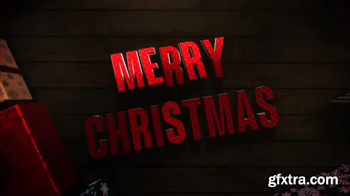 Videohive Animated closeup Merry Christmas text, gift boxes and green tree branches on wood background 29403833