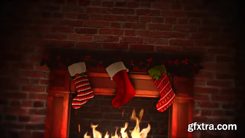 Videohive Animated close up fireplace and gifts in the Christmas socks on bricks background 29403842