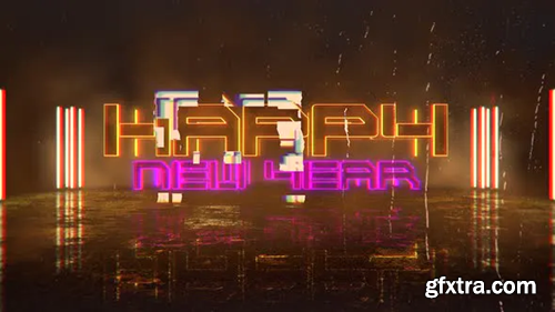 Videohive Text Happy New Year and cyberpunk animation background with neon lights on street of city 29426196