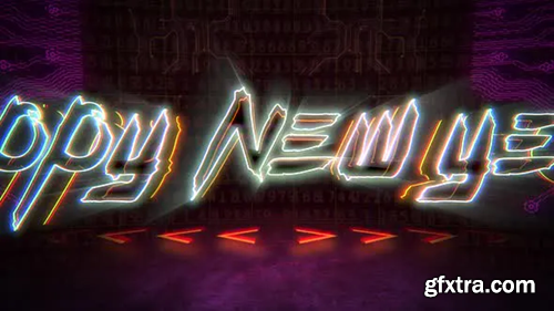 Videohive Happy New Year and cyberpunk animation background with computer matrix, numbers and grid 29426219