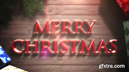 Videohive Animated closeup Merry Christmas text, gift boxes and green tree branches 29319179