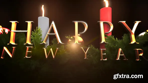 Videohive Animated closeup Happy New Year text, green tree branches and candles 29319188