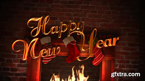 Videohive Animated closeup fireplace, gifts in the Christmas socks and Happy New Year text on bricks 29319191