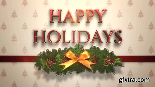 Videohive Animated closeup Happy Holidays text, green Christmas branch on gift box 29319197