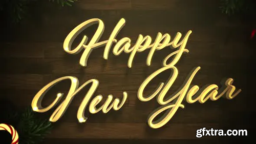 Videohive Animated closeup Happy New Year text, colorful garland and Christmas green tree branches on wood 29319202