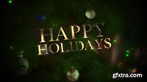 Videohive Animated close up Happy Holidays text, colorful balls and green tree branches on shiny background 29319211