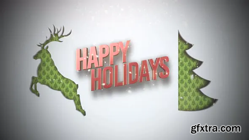 Videohive Animated closeup Happy Holidays text, green Christmas tree and deer on snow 29319218