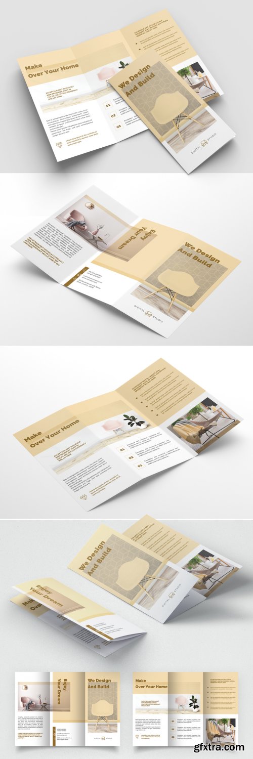 Interior Trifold Brochure Layout with Golden Accents 393394346