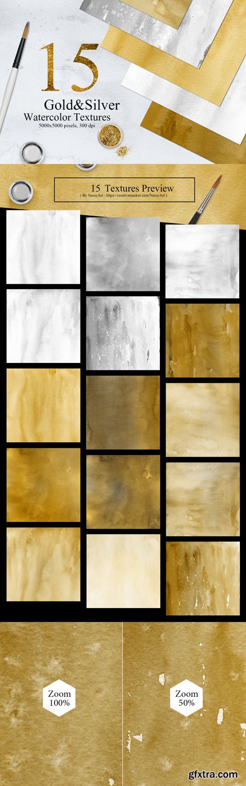 15 Gold & Silver Colors Watercolor Textures Collection
