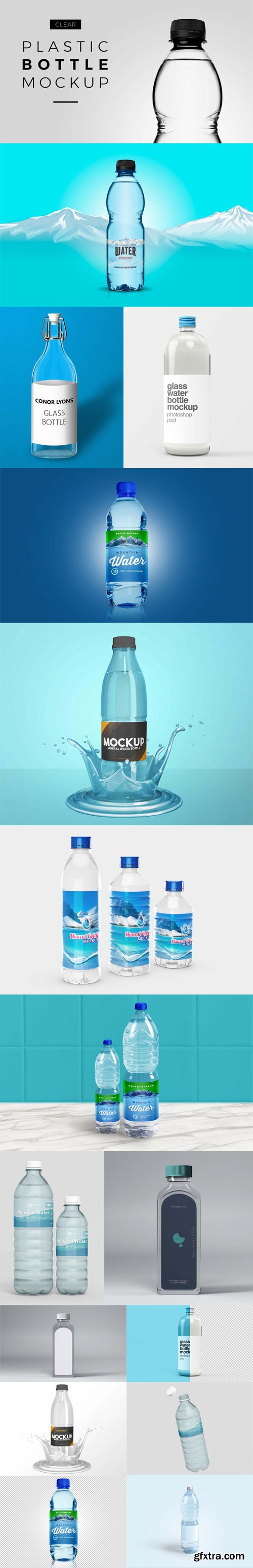 Transparent Glass & Plastic Water Bottles PSD Mockups Templates Collection