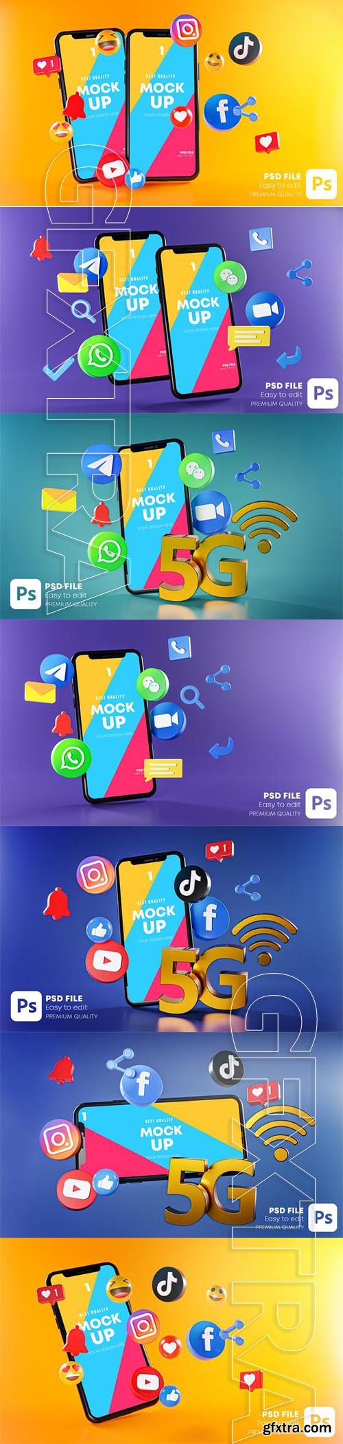 5G Most popular messaging communication apps with phones mockup