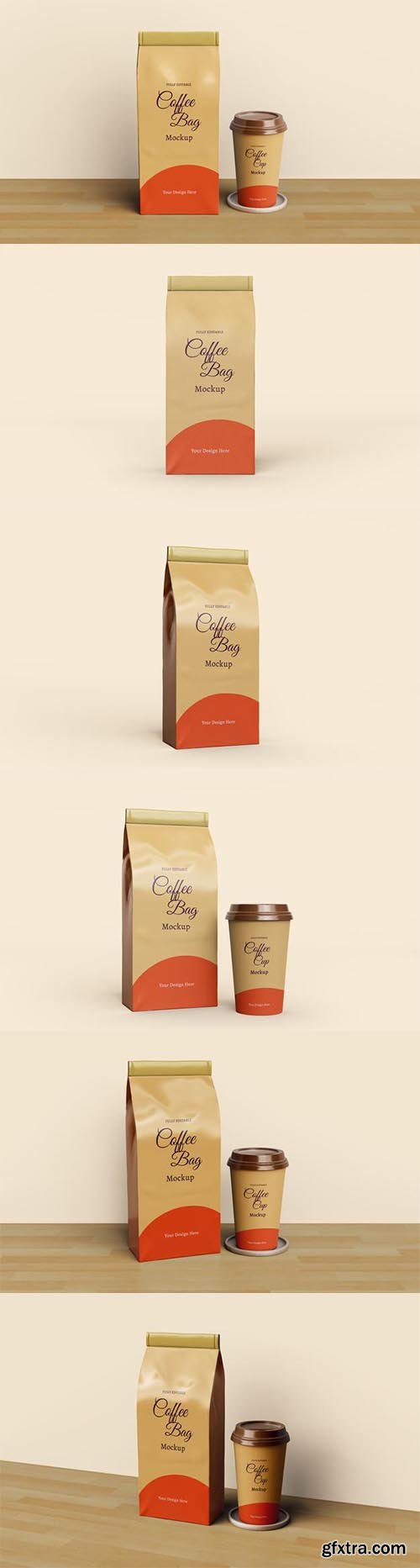 Coffee bag and coffee cup packaging mockup