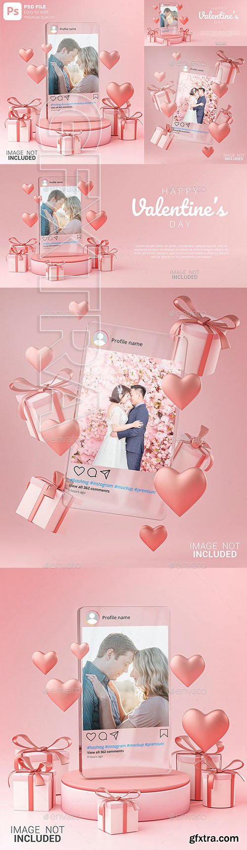 GraphicRiver - Instagram Post Mockup on Glass Template Valentine Wedding Love Heart Shape and Gift Box 3D Rendering 30090315
