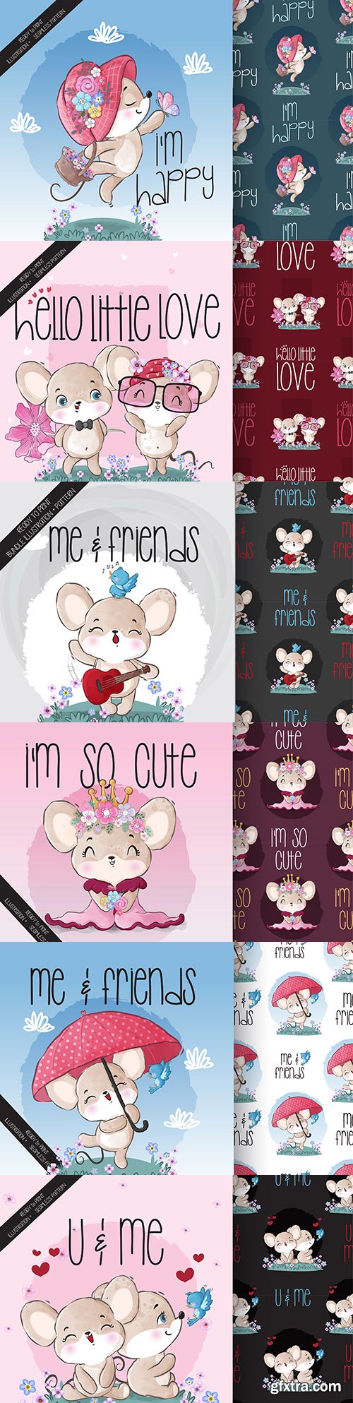 Cute mouse animals and seamless patterns