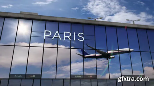 Videohive Airplane landing at Paris France mirrored in terminal 29954506