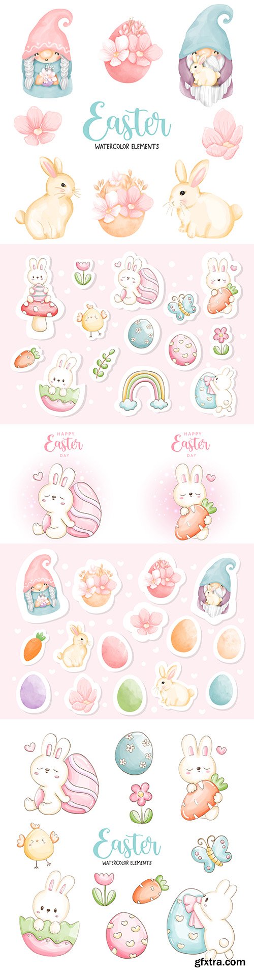 Happy Easter Day with cute gnome and Easter rabbit watercolor