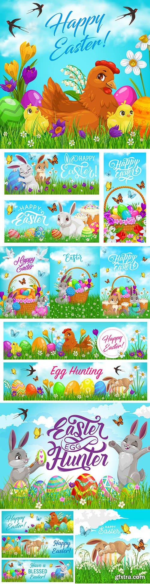 Happy Easter holiday basket for eggs and cartoon rabbits