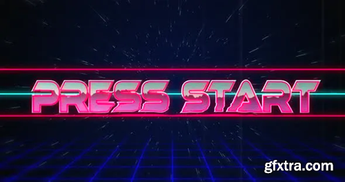 Videohive Retro Press Start text glitching over blue and red lines on white hyperspace effect 30216061