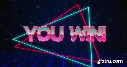 Videohive Retro You Win text glitching over blue and red triangles on white hyperspace effect 30216289
