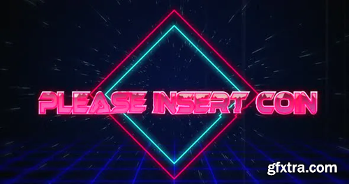 Videohive Retro Please Insert Coin text glitching over blue and red squares on white hyperspace effect 30216314