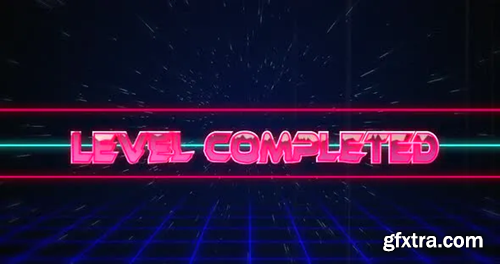 Videohive Retro Level Completed text glitching over blue and red lines on white hyperspace effect 30216341