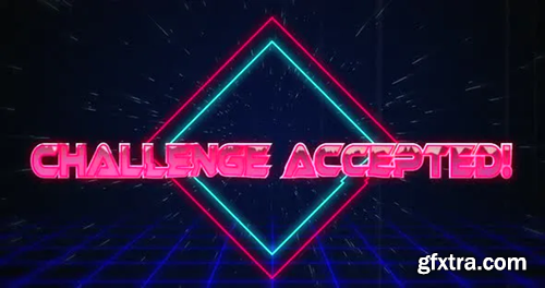 Videohive Retro Challenge accepted text glitching over blue and red squares on white hyperspace effect 30216408