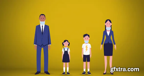 Videohive Family wearing face masks icon against yellow background 30225327