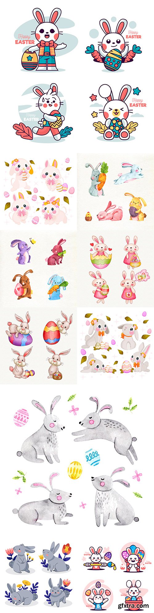 Easter rabbit collection of watercolor and flat illustrations