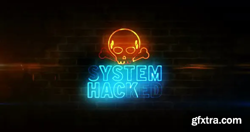 Videohive System hacked alert with skull symbol neon on brick wall 30653486