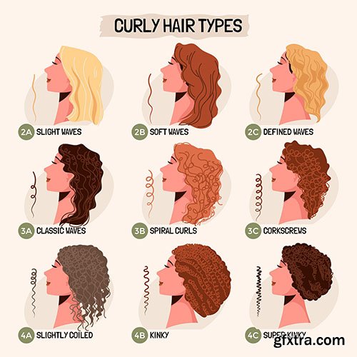 Hand-drawn curly hair types set