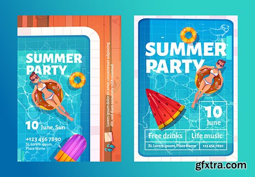 Summer party cartoon flyers with woman swimming pool inflatable ring