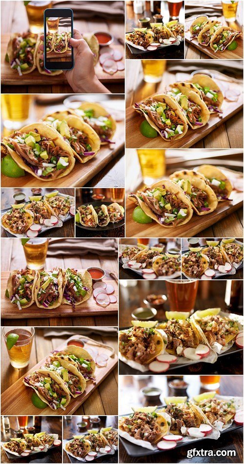 Three different mexican street tacos with shrimp, steak, and fish - 16xHQ JPEG