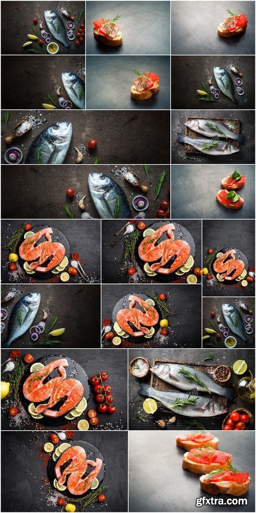 Salmon stake, Dorado, Fresh fish Seabass and Sandwich with Salmon - 20xHQ JPEG