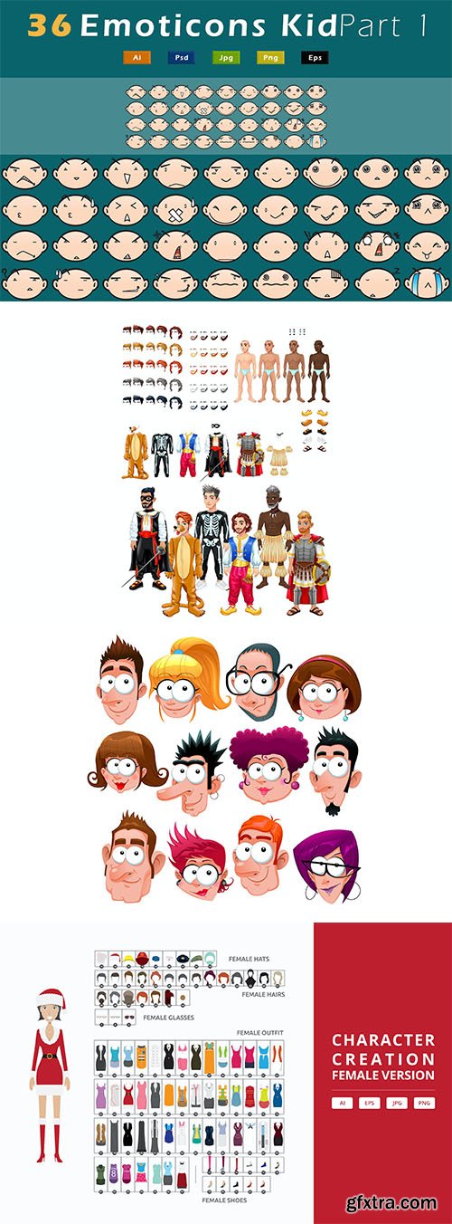 Emoticons kid, vector faces and character creation kit