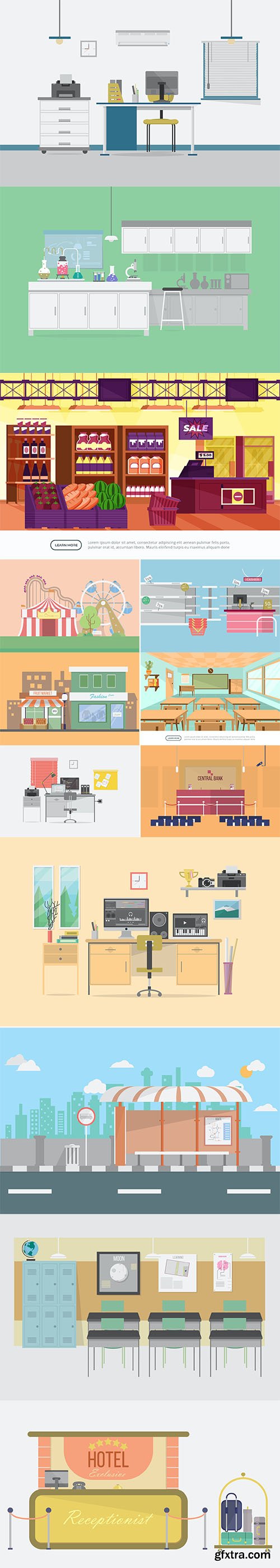 Building inside and outside vector illustrations
