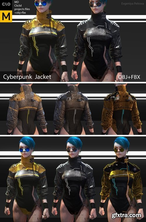 Cyberpunk female jacket. Clo3d, Marvelous designer project + OBJ+ FBX