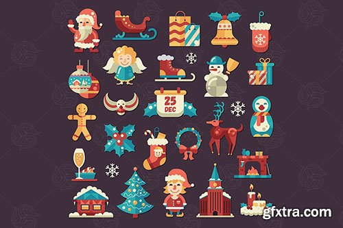 Christmas and Happy New Year Icons Set