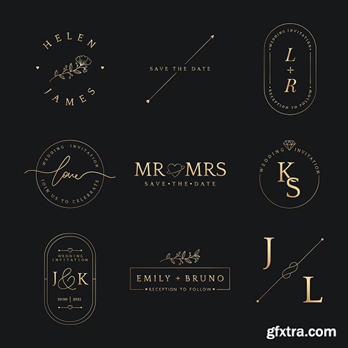 Luxury wedding invitation badges vector in metallic gold