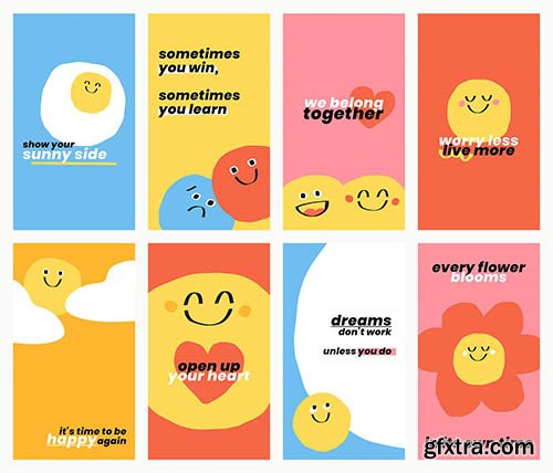 Cute positive quotes templates vector doodle smiley emoticons banner set
