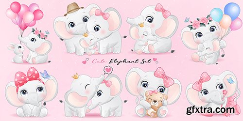 Cute little elephant watercolor illustrations