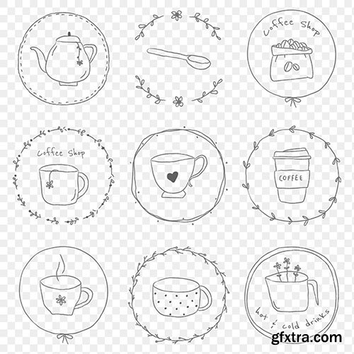 Cute coffee doodle badge design element set