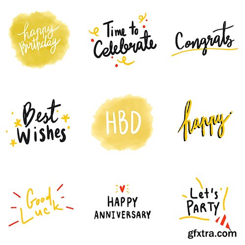 Set of yellow celebratory typography vectors
