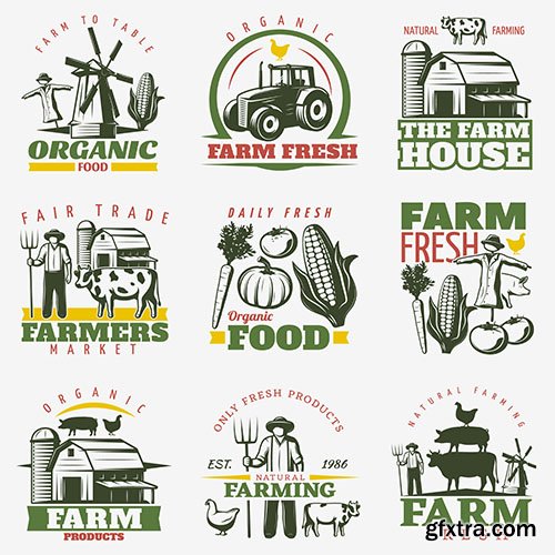 Colorful farm emblems set