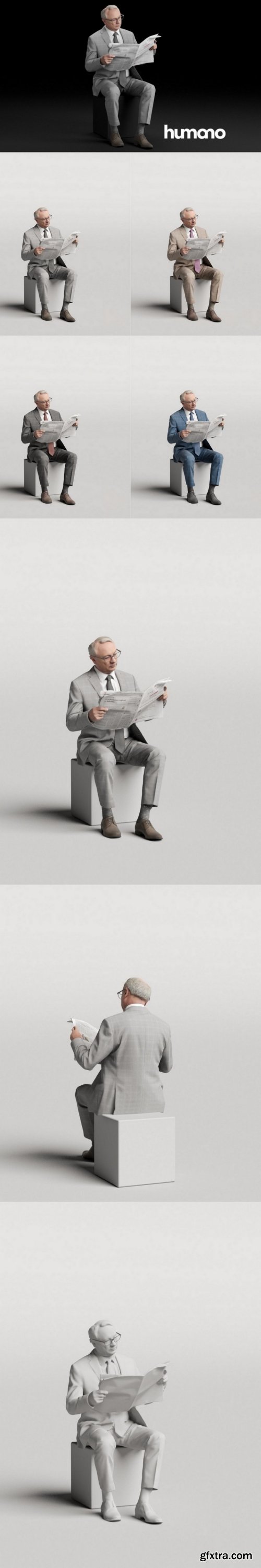 Humano Elegant man in suit sitting and reading a newspaper 0319 3D model