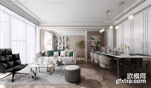 Two-three design modern light luxury living room dining room 3d model 1017114