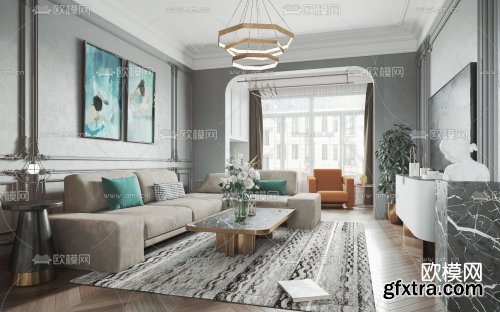 Modern mix and match light luxury living room dining room 3d model 1037167