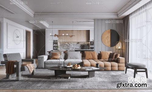 Modern light luxury living room dining room 3d model 1064389