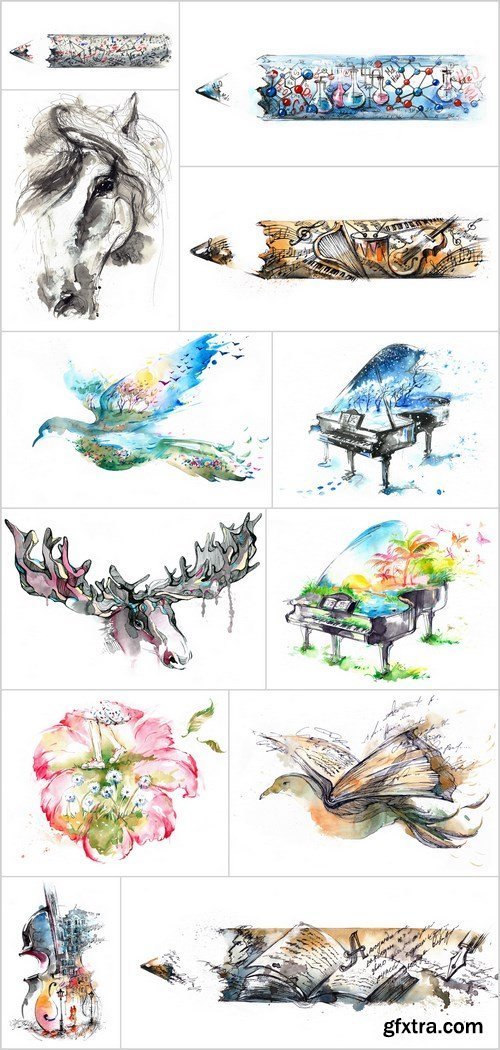 Watercolor illustration - Set of 14xUHQ JPEG Professional Stock Images