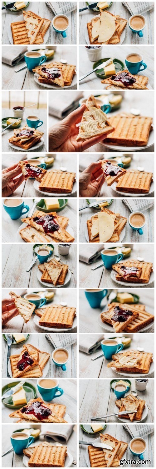 Breakfast with coffee, toasts, butter and jam - 20xUHQ JPEG
